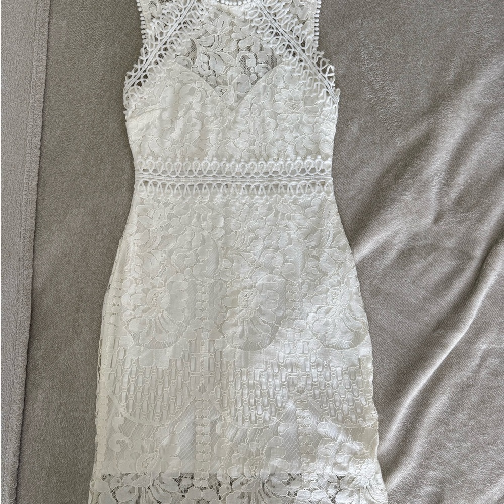 Sleeveless White Lace Mini Dress with Crochet Waist